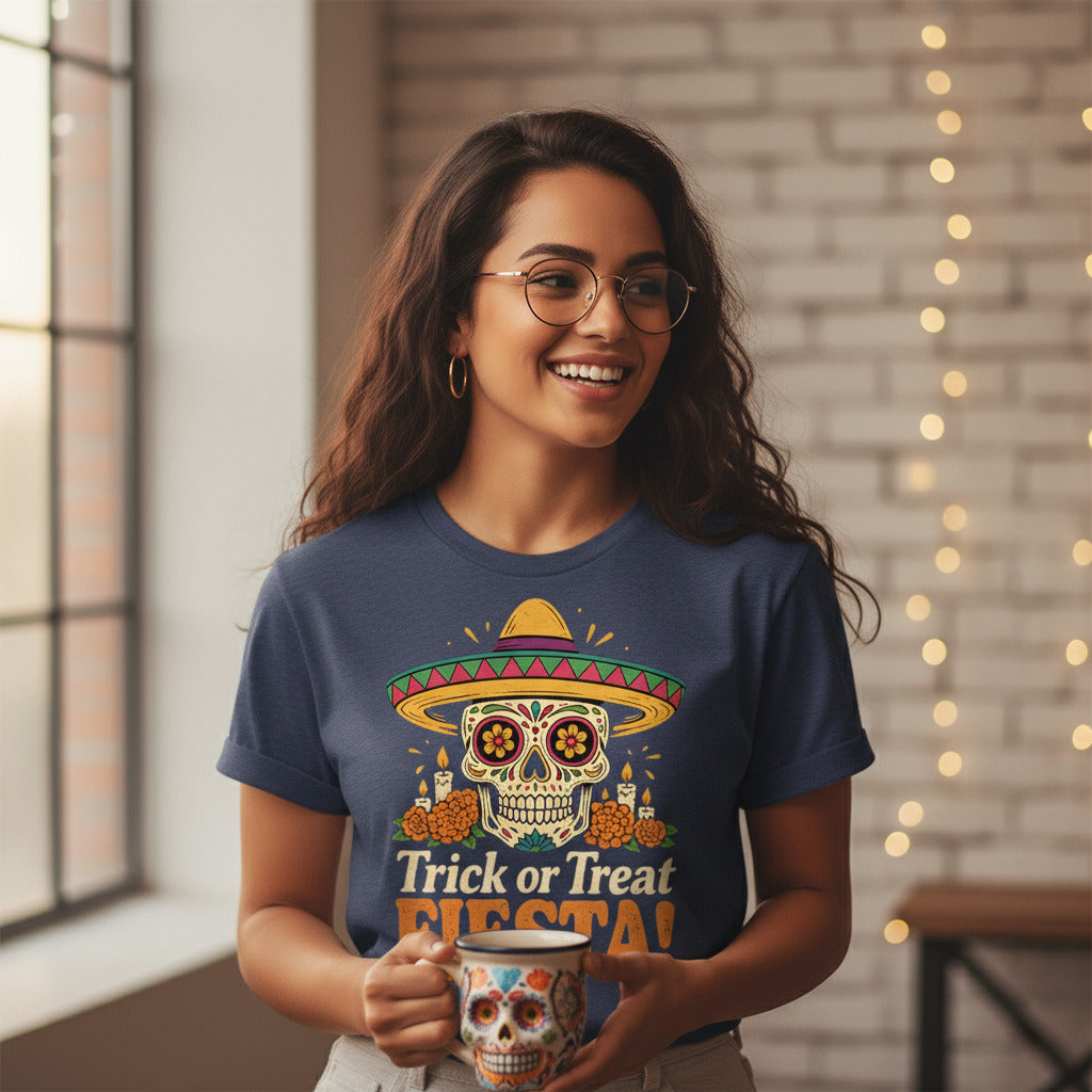 Trick or Treat Fiesta T-Shirt, Sugar Skull Halloween Illustration Tee, Dia de los Muertos Shirt, Calavera Gift, Day of the Dead Apparel
