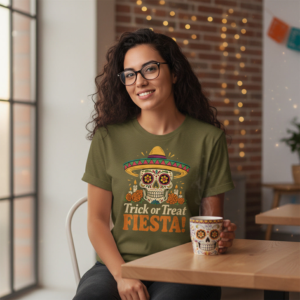 Trick or Treat Fiesta T-Shirt, Sugar Skull Halloween Illustration Tee, Dia de los Muertos Shirt, Calavera Gift, Day of the Dead Apparel