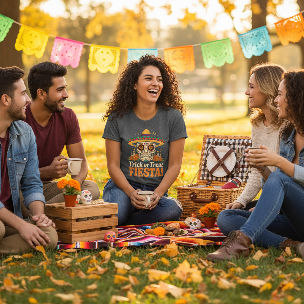 Trick or Treat Fiesta T-Shirt, Sugar Skull Halloween Illustration Tee, Dia de los Muertos Shirt, Calavera Gift, Day of the Dead Apparel