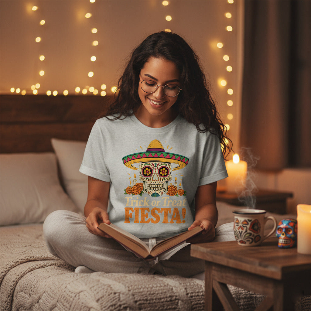 Trick or Treat Fiesta T-Shirt, Sugar Skull Halloween Illustration Tee, Dia de los Muertos Shirt, Calavera Gift, Day of the Dead Apparel
