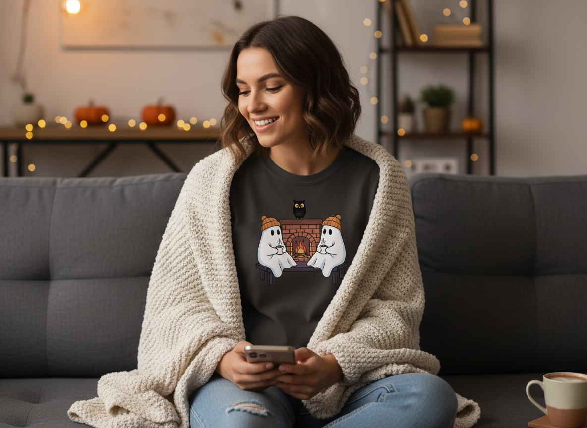 Ghosts by the Fire T-Shirt | Cozy and Spooky Night - Halloween Apparel, Ghost Tee, Bonfire Shirt, Autumn Clothing, Cozy Gift