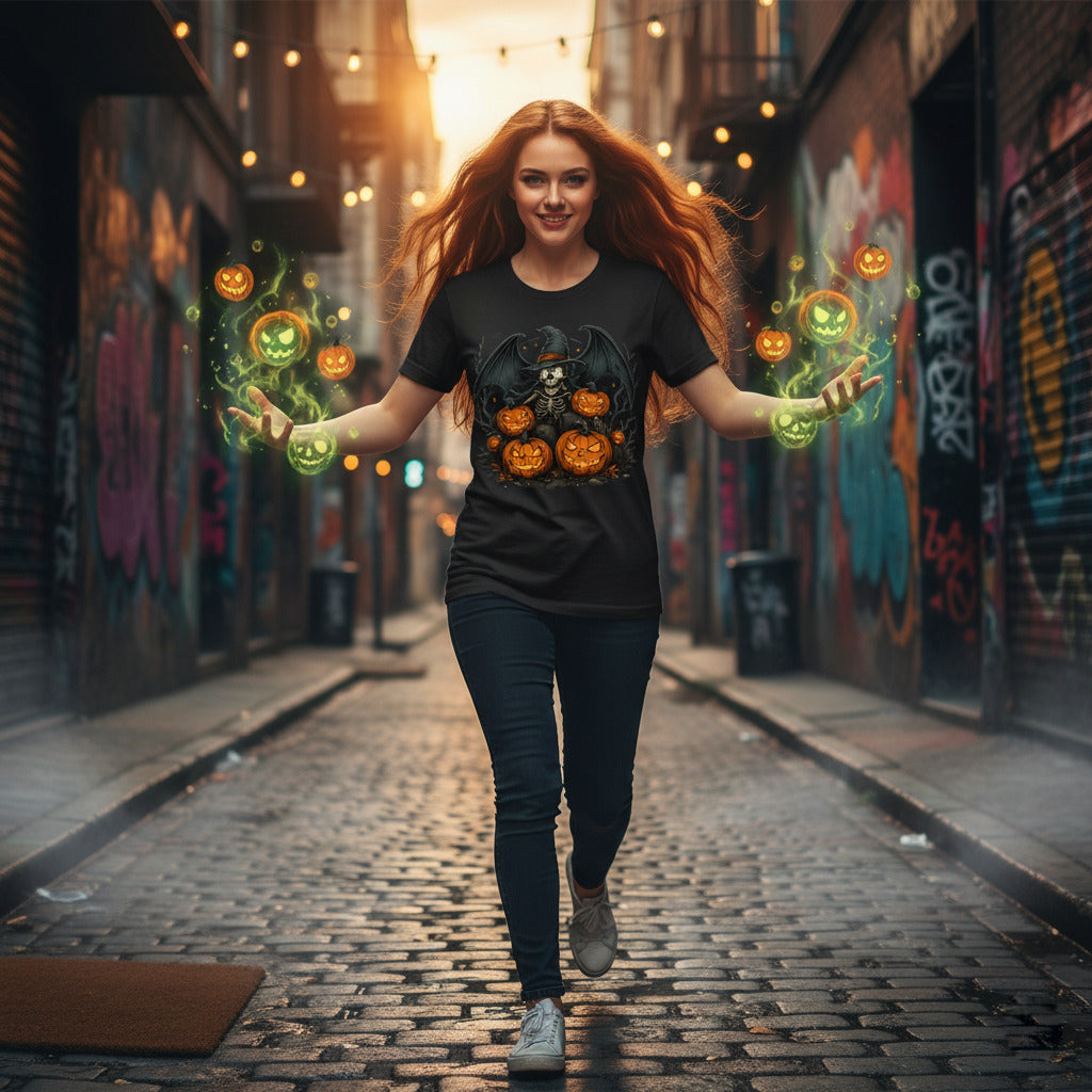 Skeleton Witch Hat T-Shirt - Jack O Lantern Torches Tee, Spooky Halloween Shirt, Gothic Skeleton Gift, Vintage Fall Season Apparel