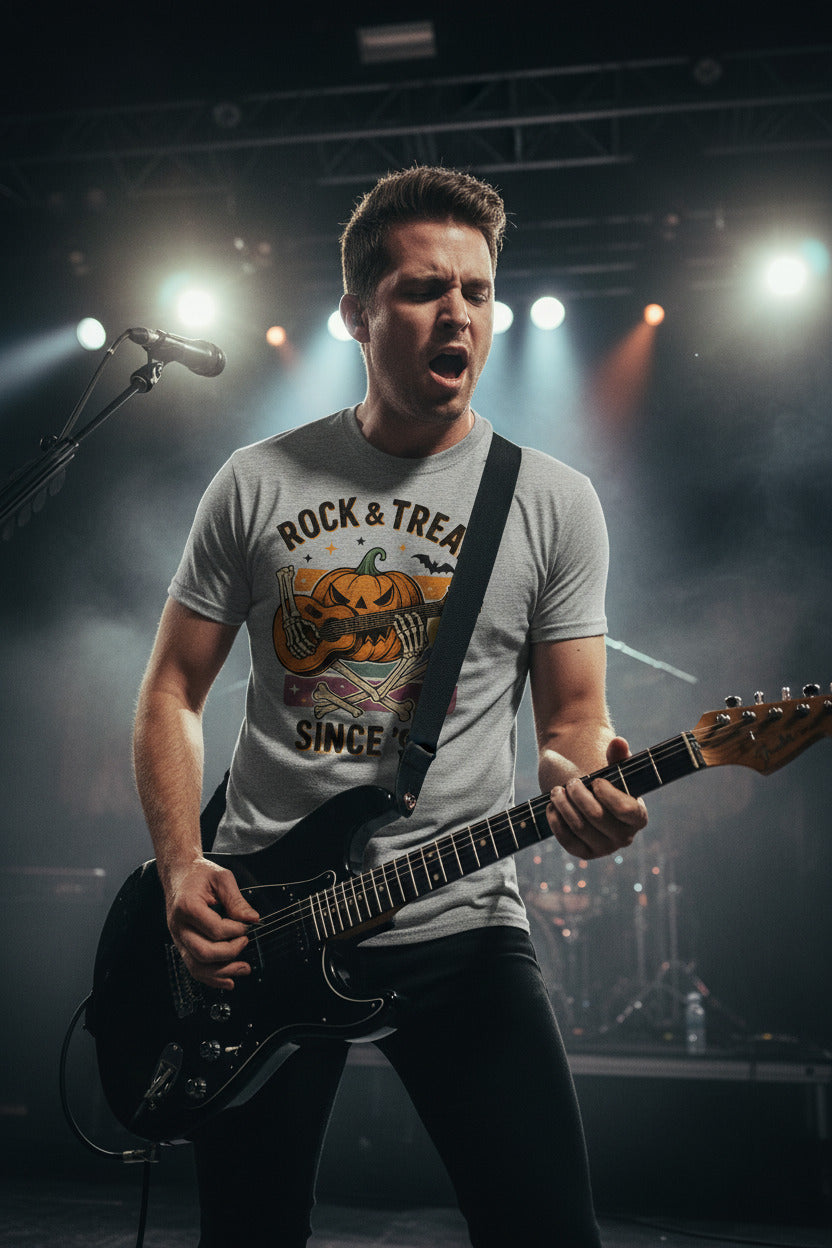 Rock and Treat T-Shirt - Halloween Jack O Lantern Guitar Tee, Rocker Skull Shirt, Heavy Metal Spooky Gift, Gothic Music Halloween Apparel