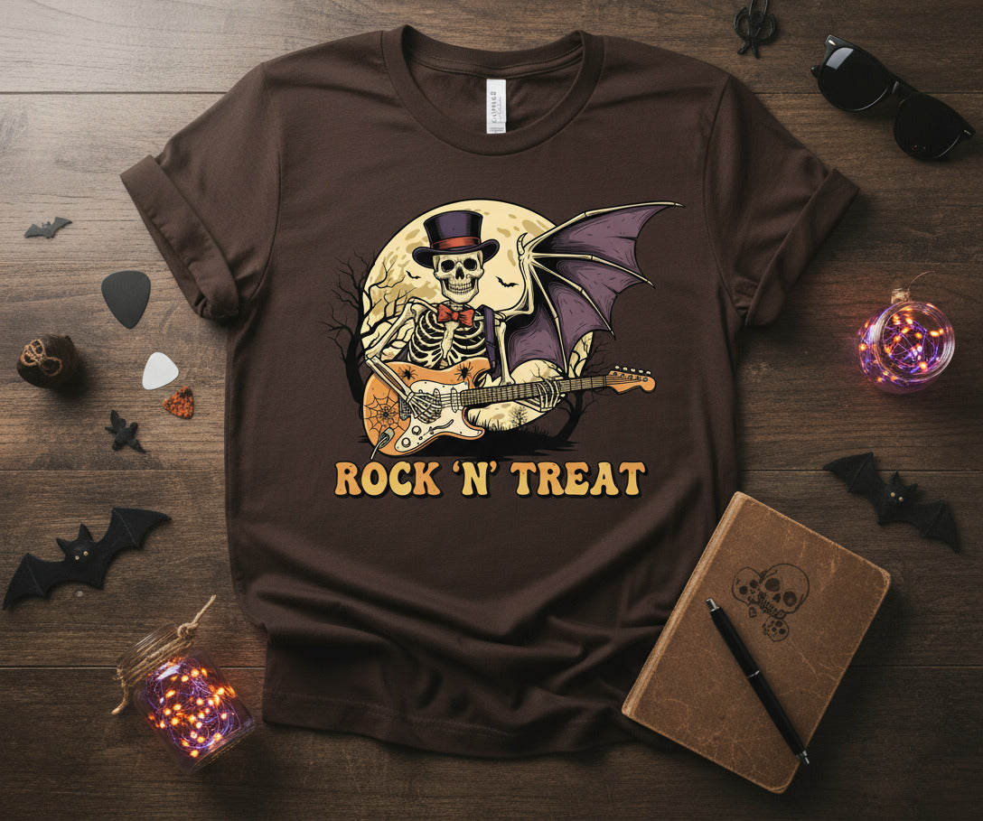 Rock n Treat T-Shirt - Skeleton Guitar Bat Wing Tee, Heavy Metal Halloween Gift, Spooky Music Shirt, Gothic Rock Concert Apparel