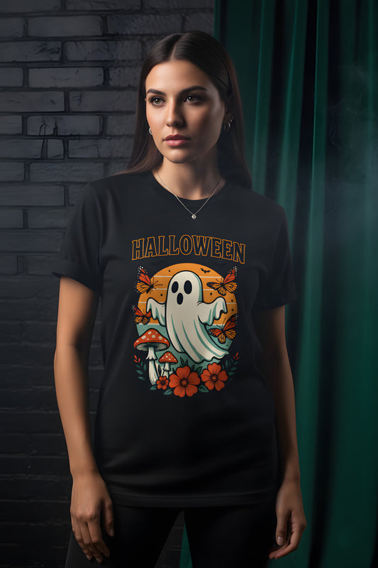 Cottagecore Ghost T-Shirt - Butterflies and Mushrooms Tee, Spooky Ghost Shirt, Whimsical Halloween Gift, Vintage Fall Season Apparel