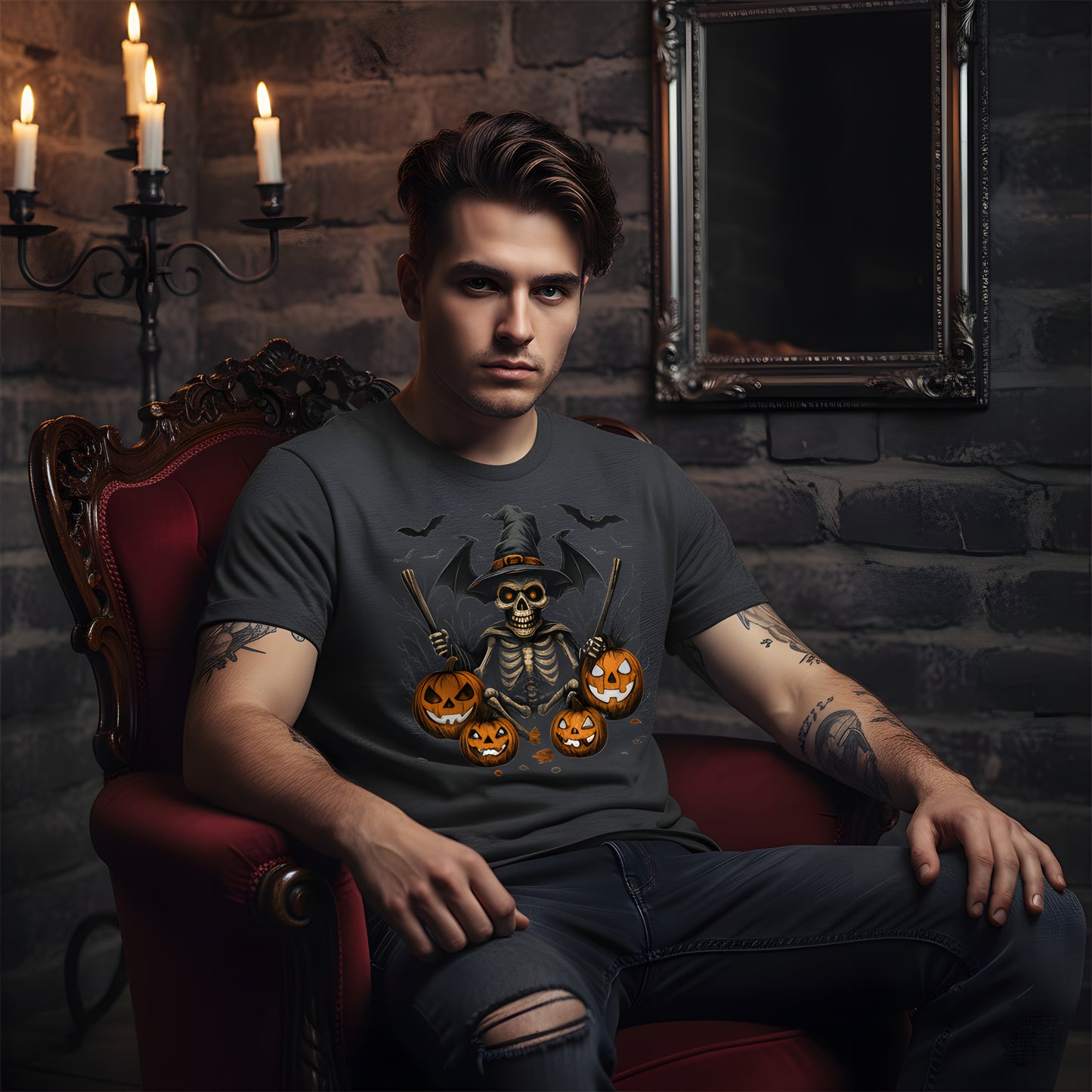 Skeleton Bat Wings T-Shirt - Witch Hat Jack O Lantern Tee, Spooky Halloween Shirt, Gothic Skeleton Gift, Vintage Dark Fall Apparel