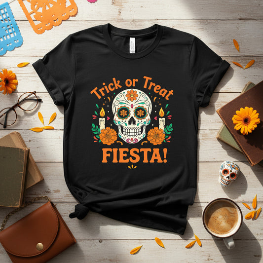 Trick or Treat Fiesta T-Shirt, Sugar Skull Halloween Illustration Tee, Dia de los Muertos Shirt, Calavera Gift, Day of the Dead Apparel