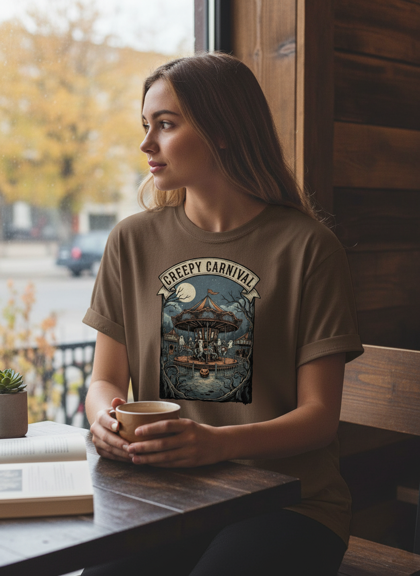 Haunted Carousel T-Shirt | Spooky Halloween Fair, Scary Gift, Vintage Amusement Park Tee, Retro Circus Shirt, Unique Halloween Apparel