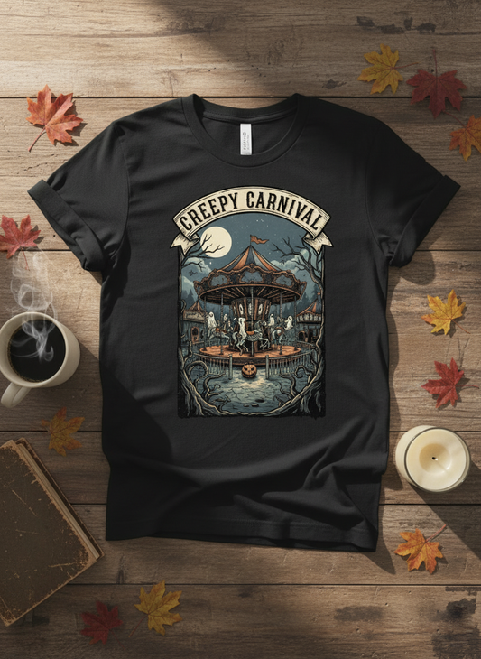Haunted Carousel T-Shirt | Spooky Halloween Fair, Scary Gift, Vintage Amusement Park Tee, Retro Circus Shirt, Unique Halloween Apparel