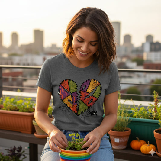 Haunted Patchwork Heart Halloween Shirt - Spooky Vintage Retro Aesthetic Tee, Cute Fall Outfit Top, Gothic Gift Idea, Festival T-Shirt
