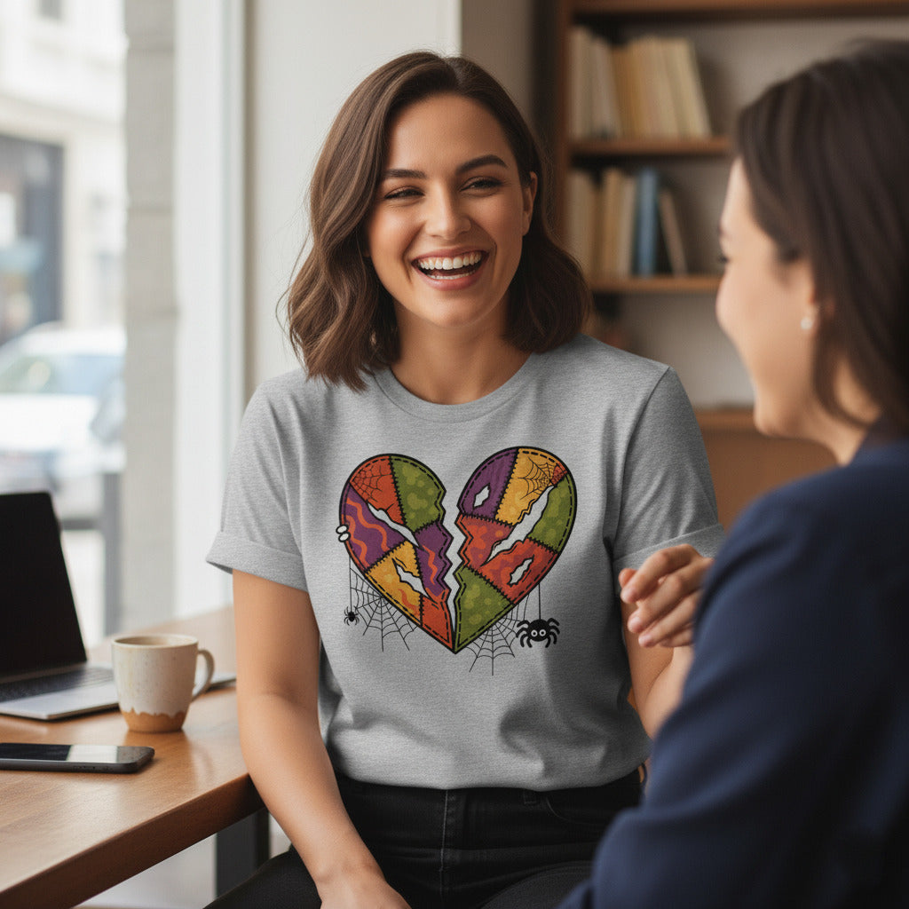 Haunted Patchwork Heart Halloween Shirt - Spooky Vintage Retro Aesthetic Tee, Cute Fall Outfit Top, Gothic Gift Idea, Festival T-Shirt