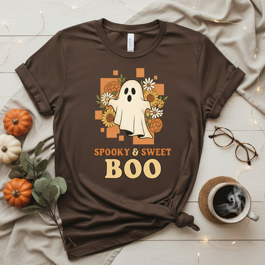 Spooky Sweet Boo T-Shirt, Cute Ghost Flowers Tee, Whimsical Halloween Shirt, Cottagecore Ghost Gift, Fall Season Apparel