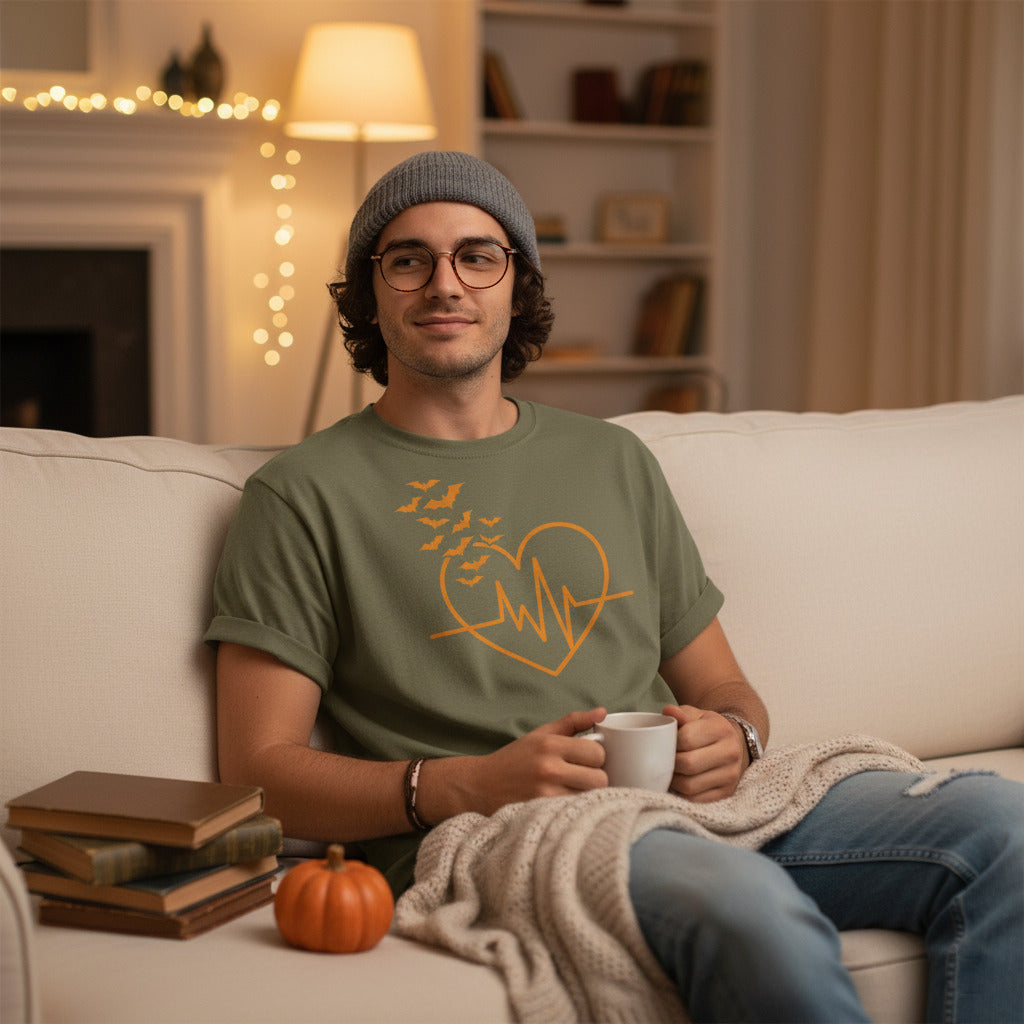 Halloween Heartbeat T-Shirt, Spooky Glowing Bats Tee, Emo Goth Shirt, Pastel Goth Gift, Sad Heart Apparel