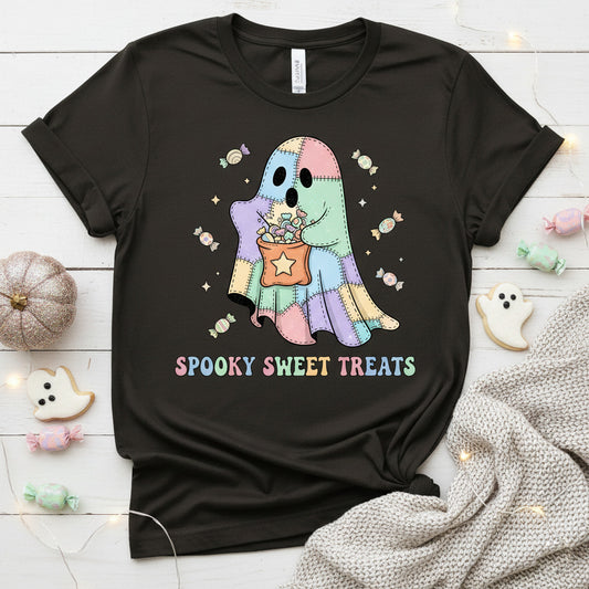 Spooky Sweet Treats T-Shirt, Cute Patchwork Ghost Tee, Halloween Shirt, Cottagecore Ghost Gift, Fall Season Apparel