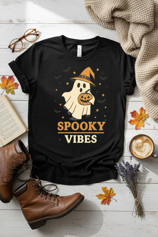 Spooky Vibes T-Shirt, Cute Ghost Halloween Jack-o-Lantern Tee, Whimsical Halloween Shirt, Cottagecore Ghost Gift, Fall Season Apparel