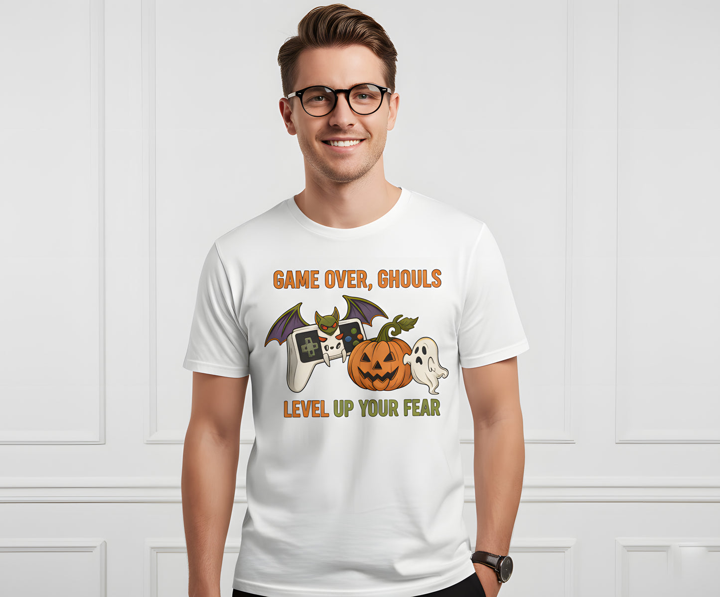 Game Over Ghouls Halloween T-Shirt - Spooky Gamer Graphic Tee, Cute Ghost Pumpkin Retro Arcade Shirt, Horror Gaming Gift Top, Funny Halloween