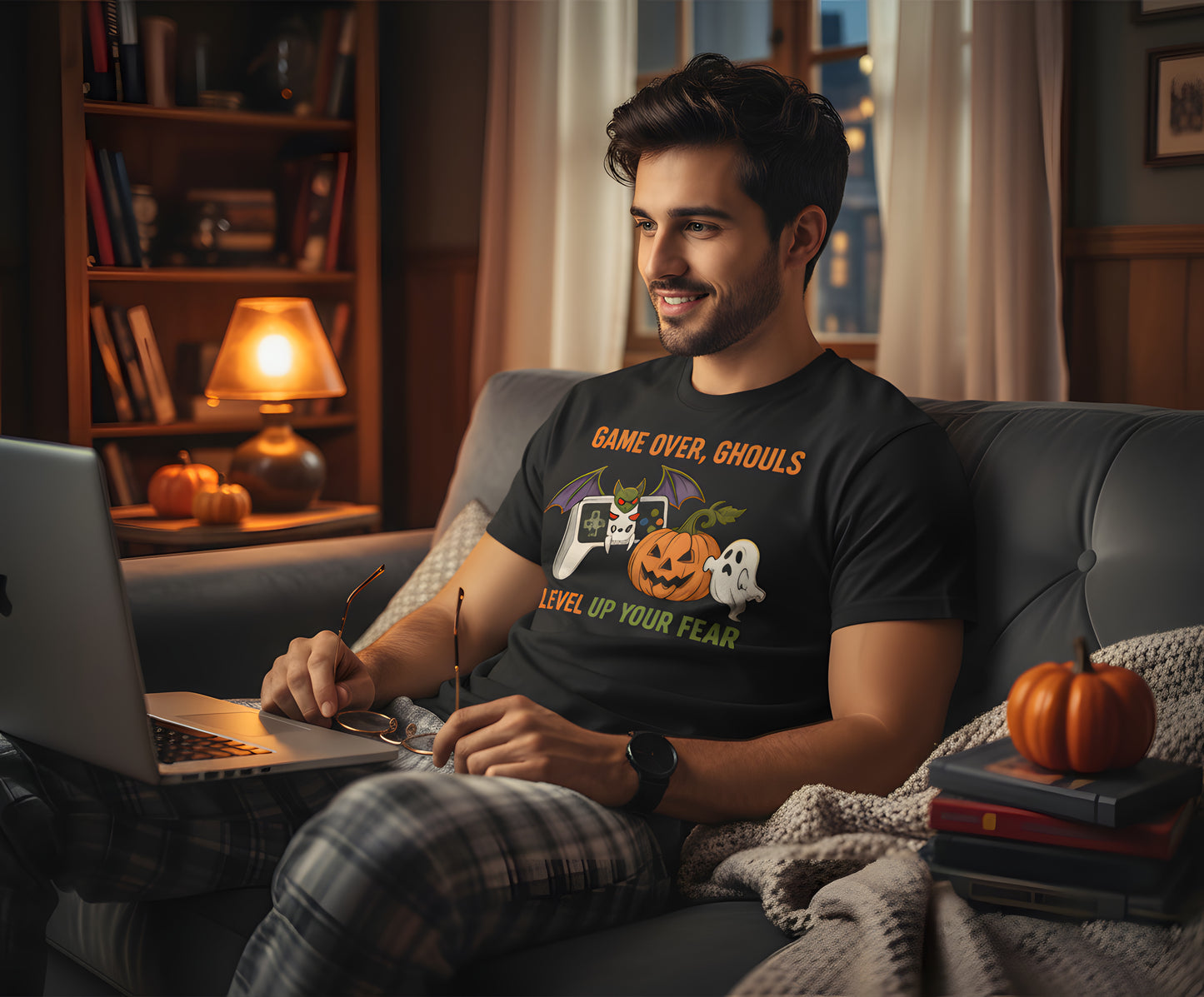 Game Over Ghouls Halloween T-Shirt - Spooky Gamer Graphic Tee, Cute Ghost Pumpkin Retro Arcade Shirt, Horror Gaming Gift Top, Funny Halloween