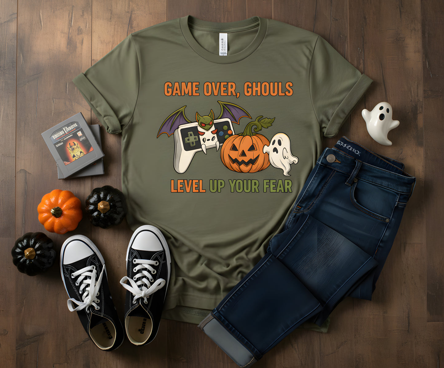 Game Over Ghouls Halloween T-Shirt - Spooky Gamer Graphic Tee, Cute Ghost Pumpkin Retro Arcade Shirt, Horror Gaming Gift Top, Funny Halloween