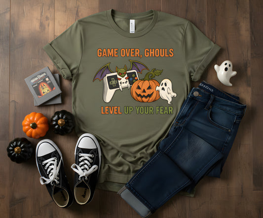 Game Over Ghouls Halloween T-Shirt - Spooky Gamer Graphic Tee, Cute Ghost Pumpkin Retro Arcade Shirt, Horror Gaming Gift Top, Funny Halloween