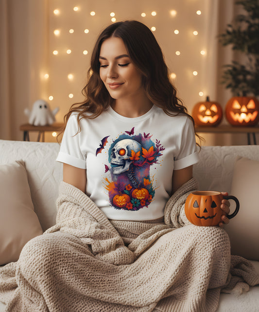 Skeleton Pumpkin T-Shirt - Colorful Autumn Leaves Tee, Spooky Halloween Shirt, Gothic Skeleton Gift, Vintage Fall Season Apparel
