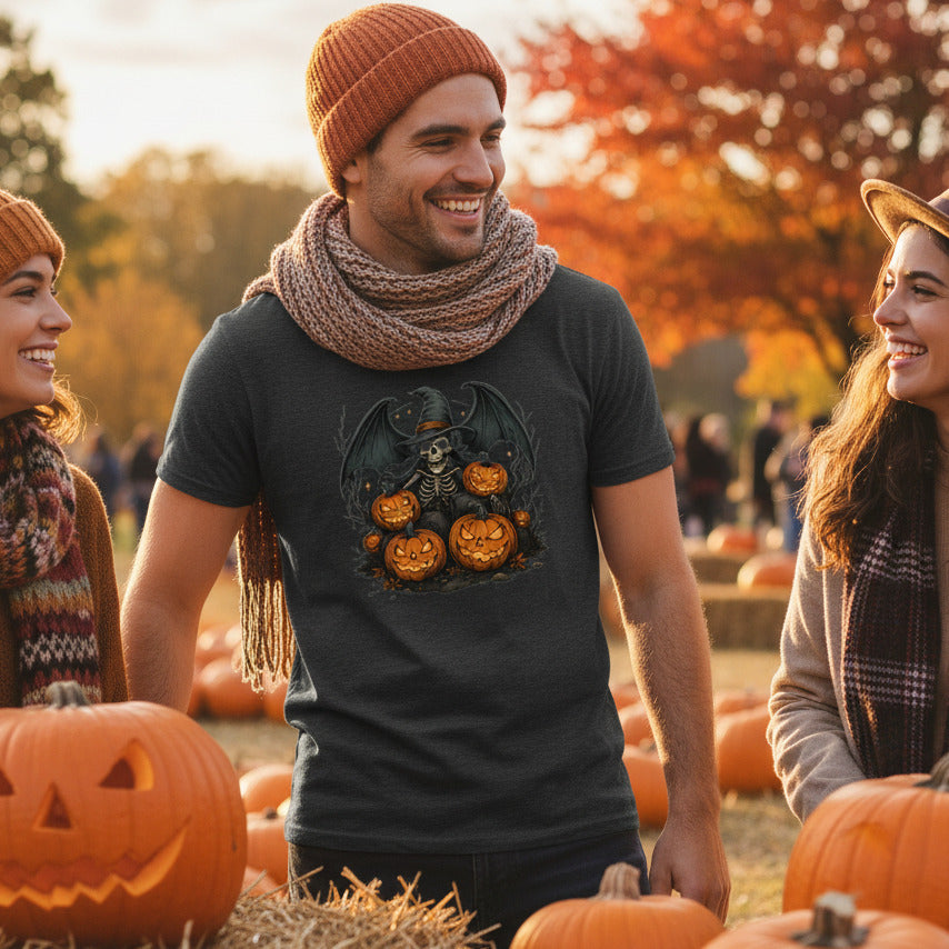 Skeleton Witch Hat T-Shirt - Jack O Lantern Torches Tee, Spooky Halloween Shirt, Gothic Skeleton Gift, Vintage Fall Season Apparel