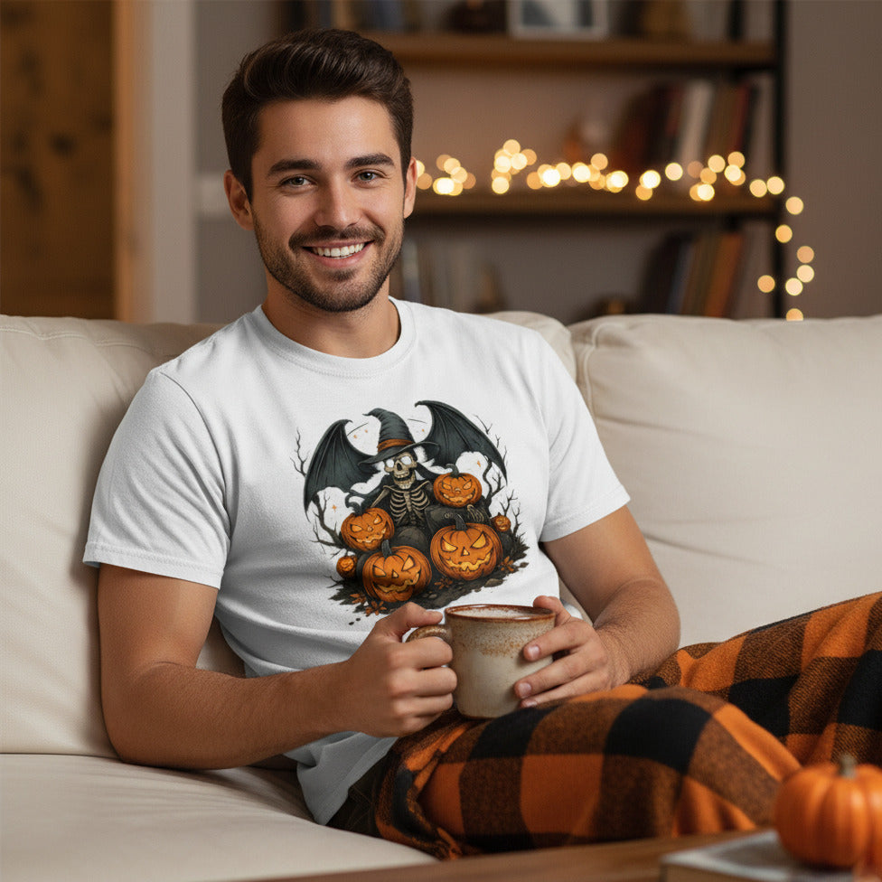 Skeleton Witch Hat T-Shirt - Jack O Lantern Torches Tee, Spooky Halloween Shirt, Gothic Skeleton Gift, Vintage Fall Season Apparel