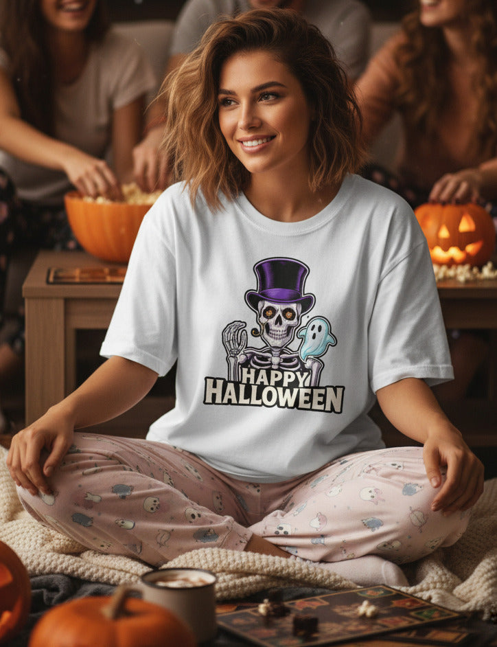 Happy Halloween T-Shirt - Vintage Skeleton Ghost Tee, Top Hat Spooky Shirt, Retro Halloween Gift, Gothic Fall Season Apparel