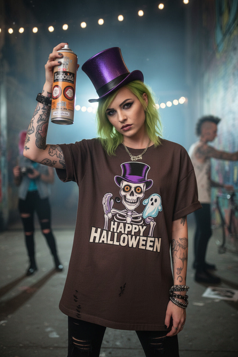 Happy Halloween T-Shirt - Vintage Skeleton Ghost Tee, Top Hat Spooky Shirt, Retro Halloween Gift, Gothic Fall Season Apparel