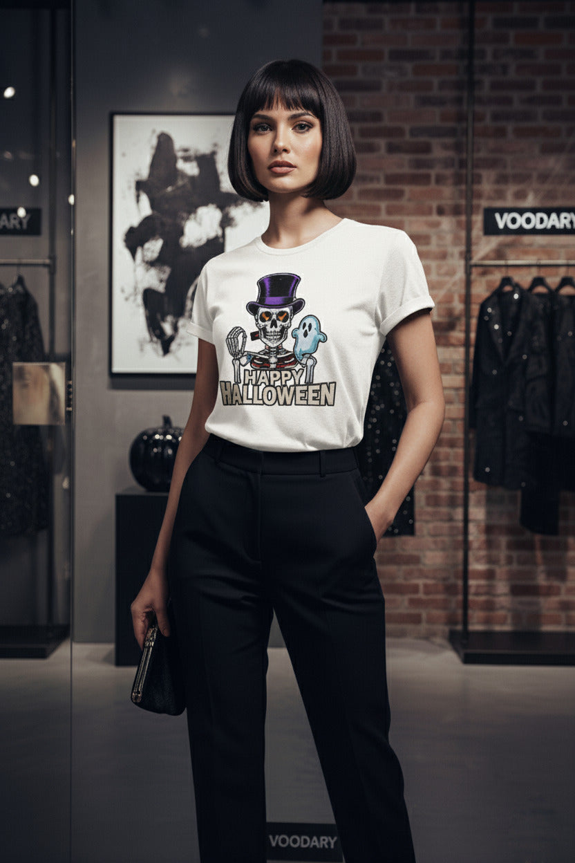 Happy Halloween T-Shirt - Vintage Skeleton Ghost Tee, Top Hat Spooky Shirt, Retro Halloween Gift, Gothic Fall Season Apparel