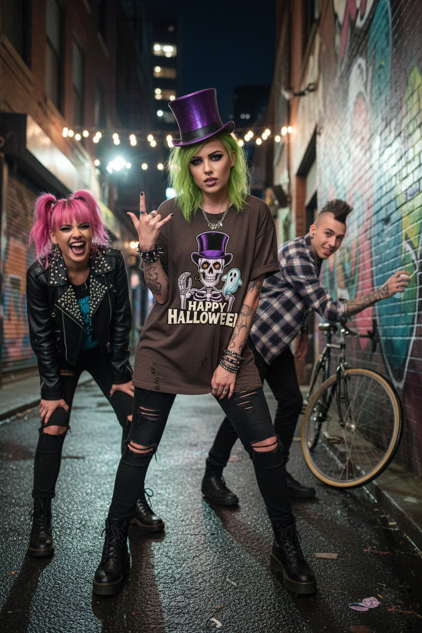 Happy Halloween T-Shirt - Vintage Skeleton Ghost Tee, Top Hat Spooky Shirt, Retro Halloween Gift, Gothic Fall Season Apparel