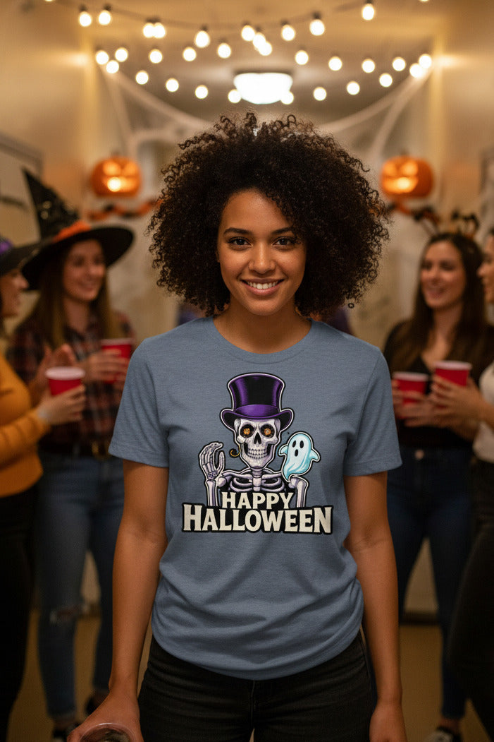 Happy Halloween T-Shirt - Vintage Skeleton Ghost Tee, Top Hat Spooky Shirt, Retro Halloween Gift, Gothic Fall Season Apparel