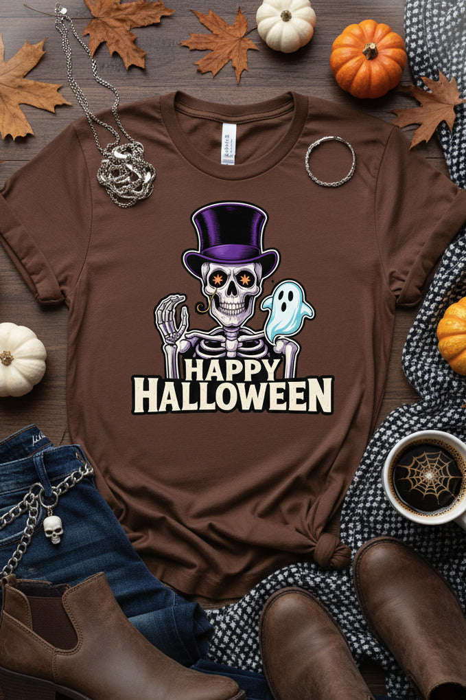Happy Halloween T-Shirt - Vintage Skeleton Ghost Tee, Top Hat Spooky Shirt, Retro Halloween Gift, Gothic Fall Season Apparel