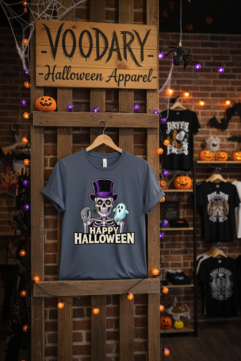 Happy Halloween T-Shirt - Vintage Skeleton Ghost Tee, Top Hat Spooky Shirt, Retro Halloween Gift, Gothic Fall Season Apparel
