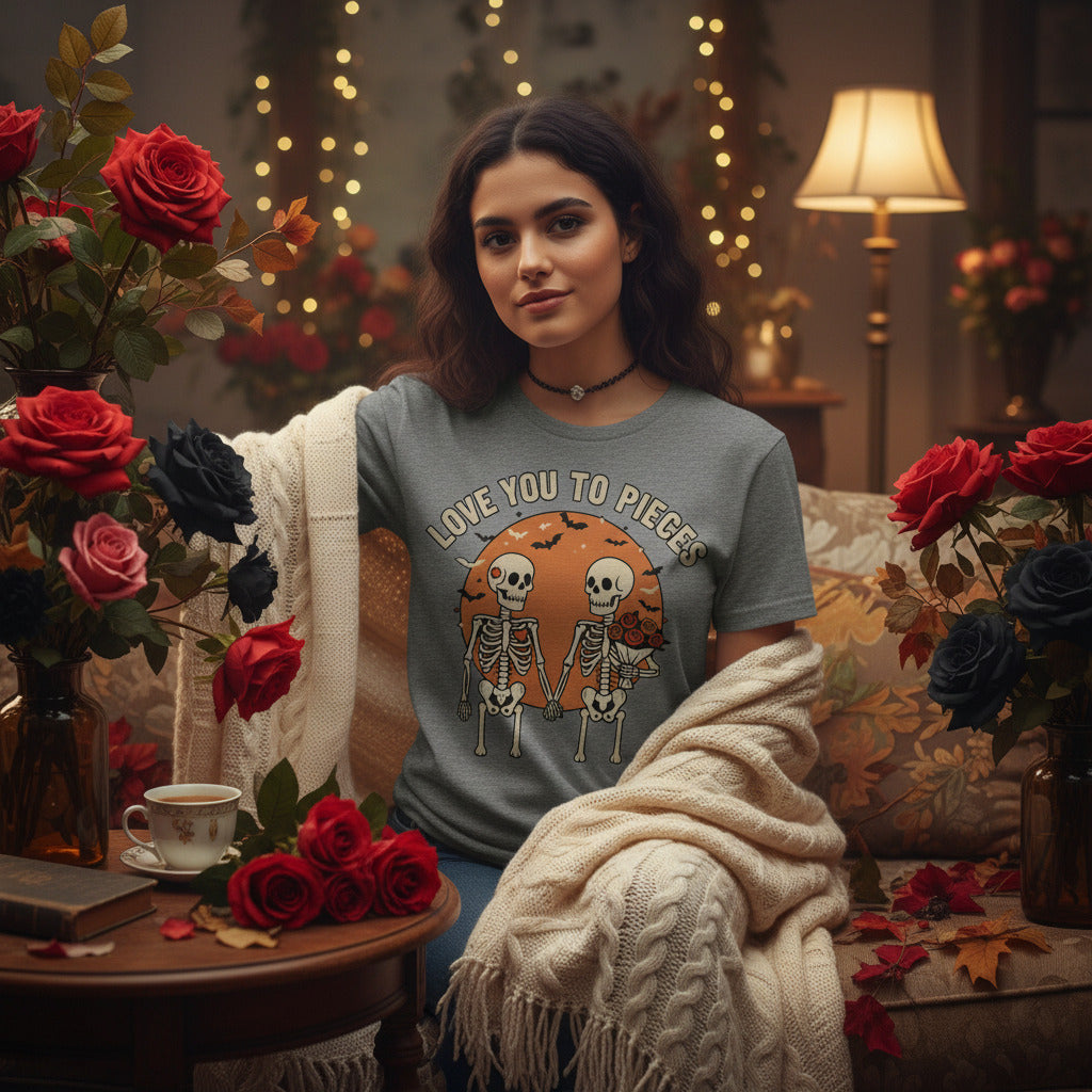 Love You To Pieces T-Shirt - Skeleton Couple Halloween Romance Tee, Emo Goth Shirt, Pastel Goth Gift, Creepy Cute Spooky Apparel