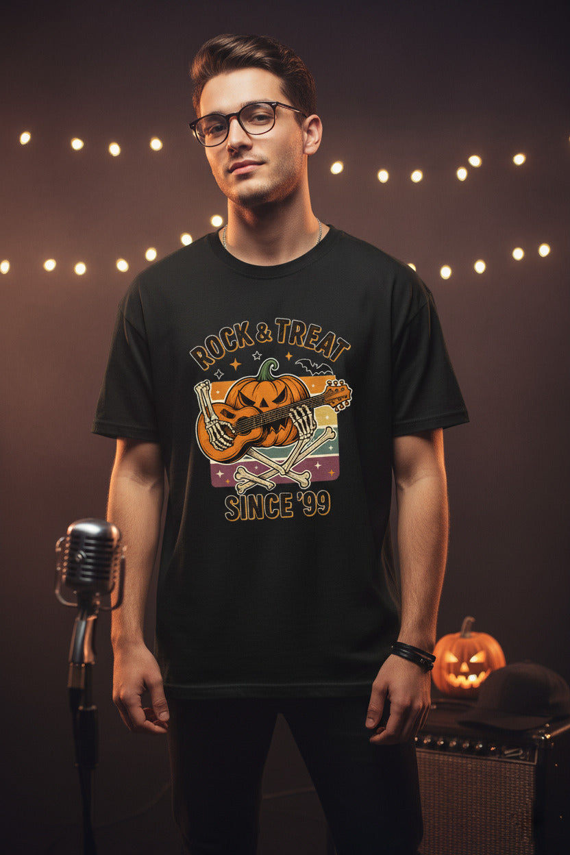 Rock and Treat T-Shirt - Halloween Jack O Lantern Guitar Tee, Rocker Skull Shirt, Heavy Metal Spooky Gift, Gothic Music Halloween Apparel