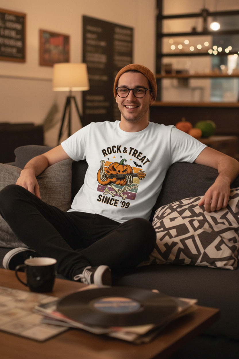 Rock and Treat T-Shirt - Halloween Jack O Lantern Guitar Tee, Rocker Skull Shirt, Heavy Metal Spooky Gift, Gothic Music Halloween Apparel