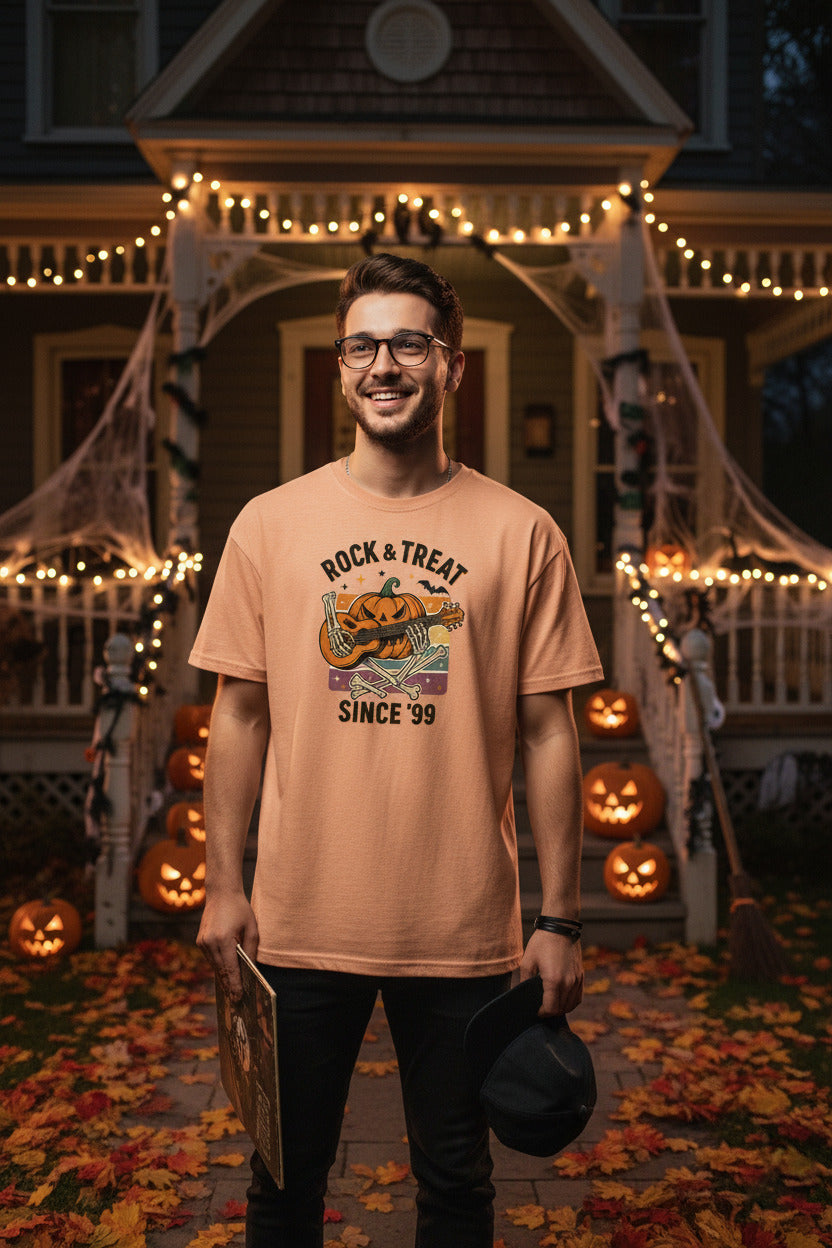Rock and Treat T-Shirt - Halloween Jack O Lantern Guitar Tee, Rocker Skull Shirt, Heavy Metal Spooky Gift, Gothic Music Halloween Apparel