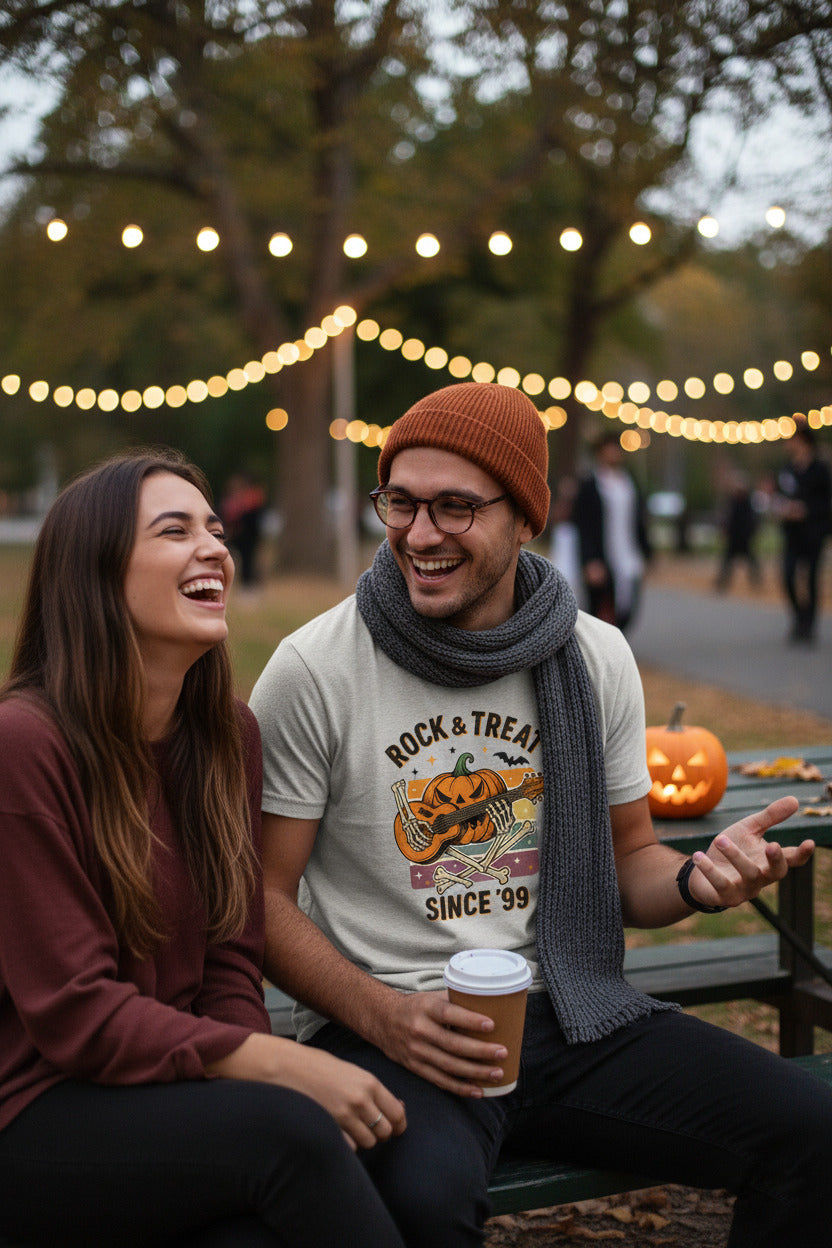 Rock and Treat T-Shirt - Halloween Jack O Lantern Guitar Tee, Rocker Skull Shirt, Heavy Metal Spooky Gift, Gothic Music Halloween Apparel