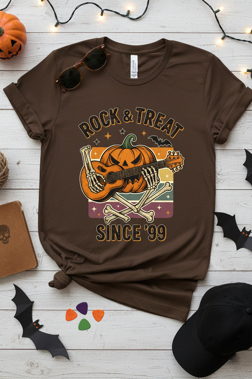 Rock and Treat T-Shirt - Halloween Jack O Lantern Guitar Tee, Rocker Skull Shirt, Heavy Metal Spooky Gift, Gothic Music Halloween Apparel