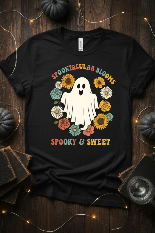 Spooktacular Blooms T-Shirt - Cute Ghost Flowers Tee, Whimsical Halloween Shirt, Cottagecore Ghost Gift, Vintage Fall Season Apparel