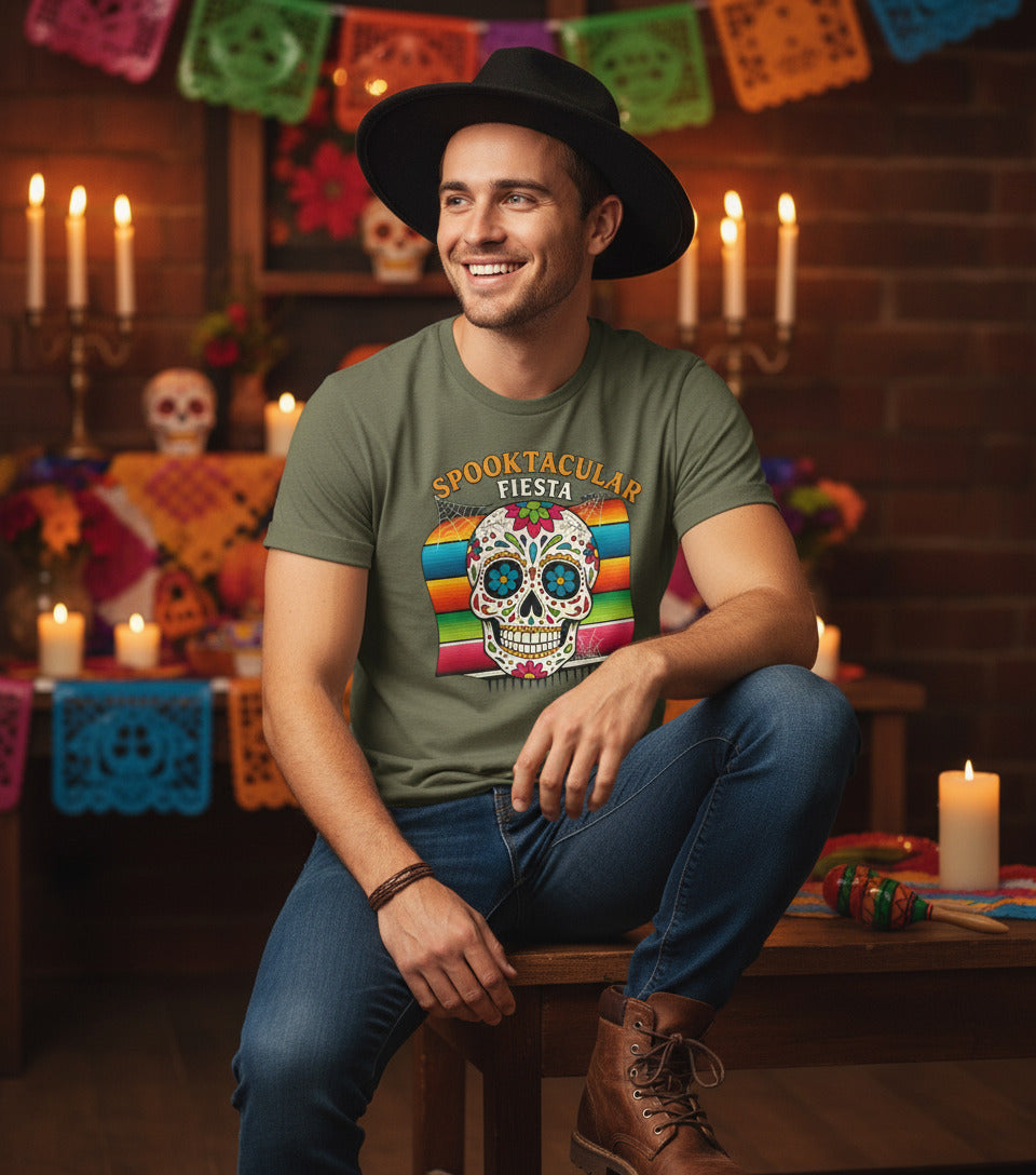 Spooktacular Fiesta T-Shirt - Sugar Skull Day of the Dead Tee, Dia de los Muertos Shirt, Calavera Gift, Colorful Halloween Apparel
