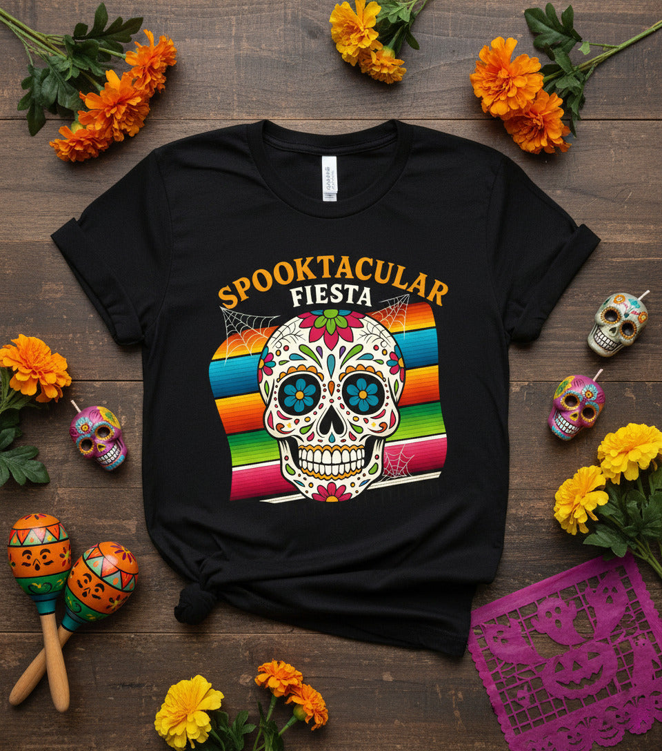 Spooktacular Fiesta T-Shirt - Sugar Skull Day of the Dead Tee, Dia de los Muertos Shirt, Calavera Gift, Colorful Halloween Apparel