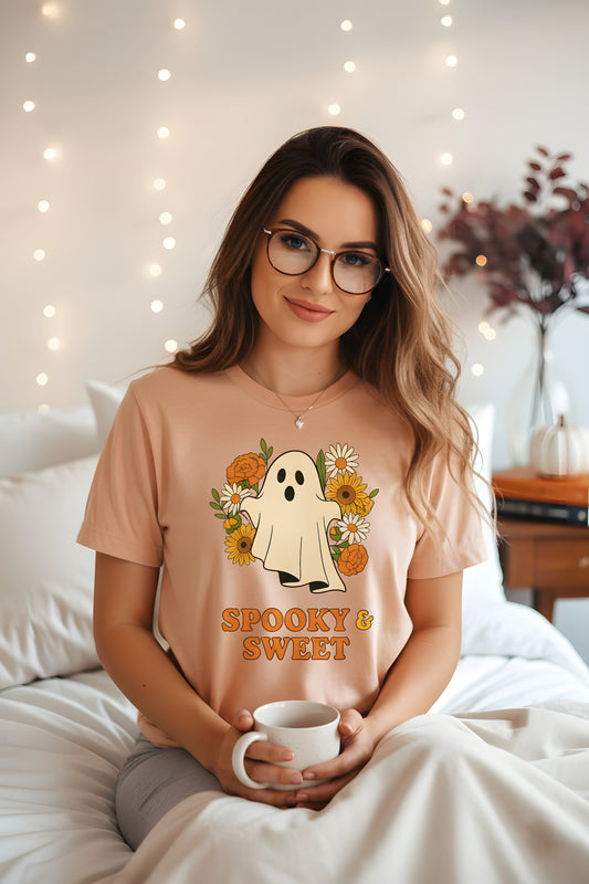 Spooky and Sweet T-Shirt - Ghost with Flowers Tee, Cute Halloween Shirt, Cottagecore Ghost Gift, Vintage Spooky Fall Season Apparel