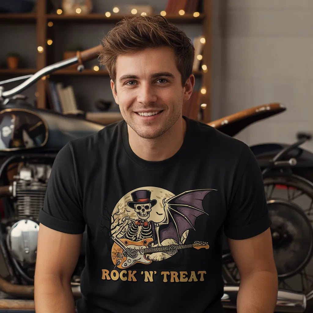 Rock n Treat T-Shirt - Skeleton Guitar Bat Wing Tee, Heavy Metal Halloween Gift, Spooky Music Shirt, Gothic Rock Concert Apparel