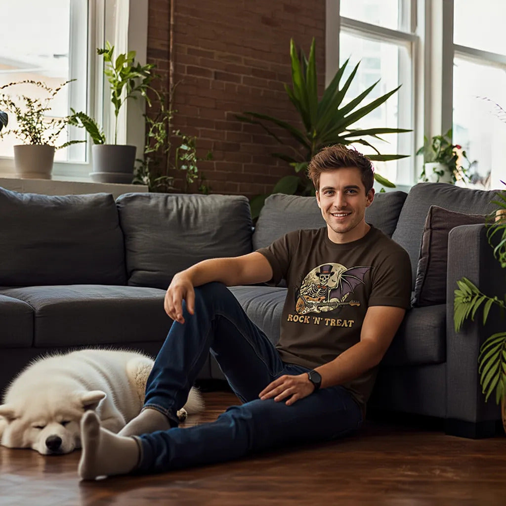 Rock n Treat T-Shirt - Skeleton Guitar Bat Wing Tee, Heavy Metal Halloween Gift, Spooky Music Shirt, Gothic Rock Concert Apparel