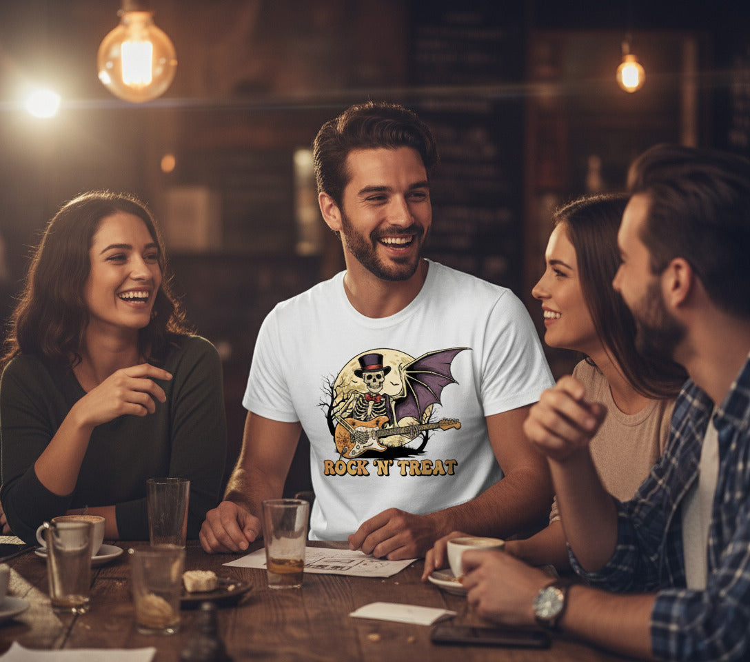 Rock n Treat T-Shirt - Skeleton Guitar Bat Wing Tee, Heavy Metal Halloween Gift, Spooky Music Shirt, Gothic Rock Concert Apparel