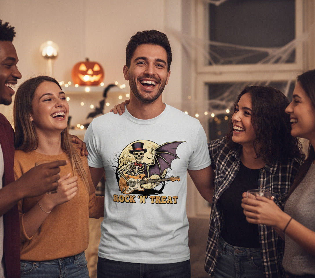Rock n Treat T-Shirt - Skeleton Guitar Bat Wing Tee, Heavy Metal Halloween Gift, Spooky Music Shirt, Gothic Rock Concert Apparel