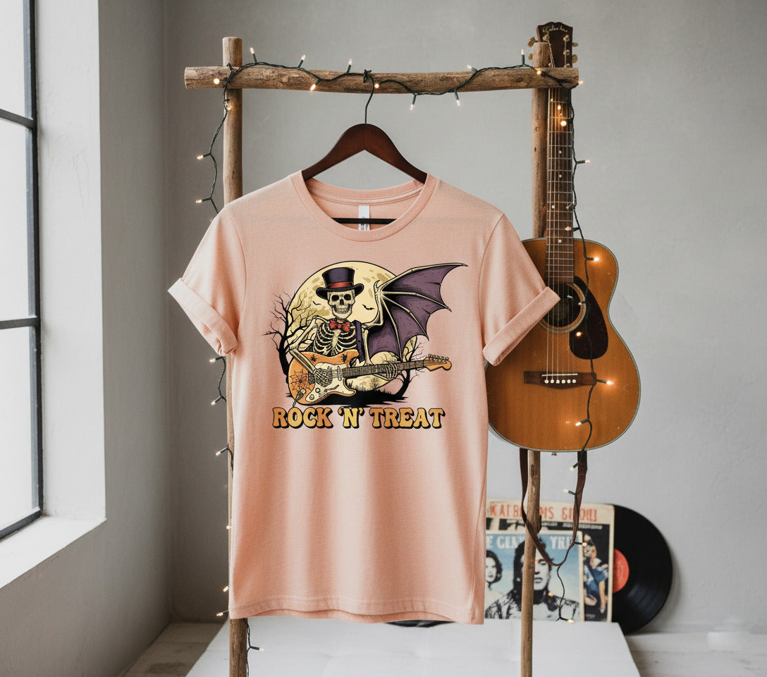 Rock n Treat T-Shirt - Skeleton Guitar Bat Wing Tee, Heavy Metal Halloween Gift, Spooky Music Shirt, Gothic Rock Concert Apparel