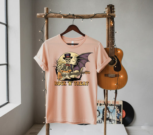 Rock n Treat T-Shirt - Skeleton Guitar Bat Wing Tee, Heavy Metal Halloween Gift, Spooky Music Shirt, Gothic Rock Concert Apparel