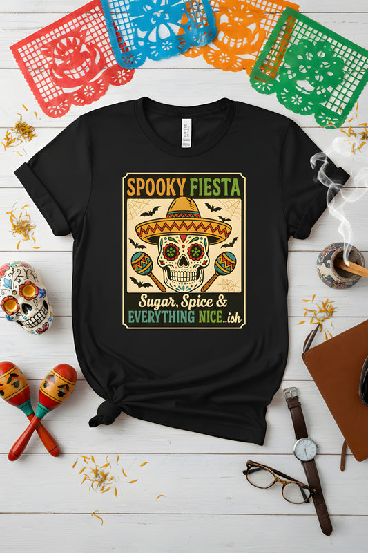 Spooky Fiesta T-Shirt - Sugar Skull Halloween Tee, Dia de los Muertos Shirt, Calavera Gift, Day of the Dead Top, Colorful Festival Apparel